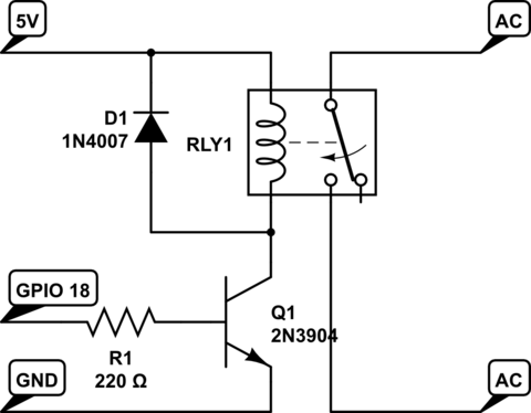 Schematic for an open-collector amplifier to drive a relay using a GPIO pin on the Raspberry Pi